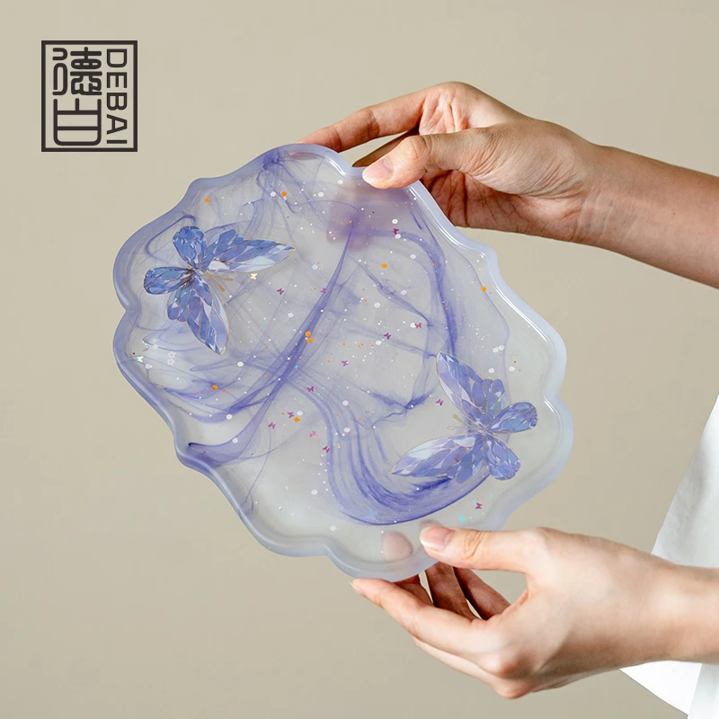 德白粉色蝴蝶琉璃干泡盘小型茶托盘壶承女家用茶盘干泡台零食果盘