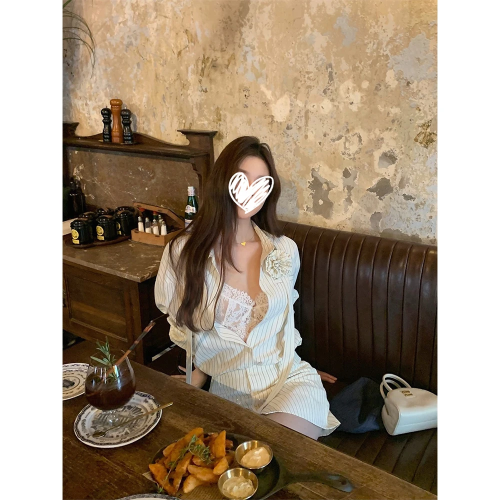 泰兰德weekly 条纹飘带衬衫女春秋长袖收腰高级感裙裤套装显瘦