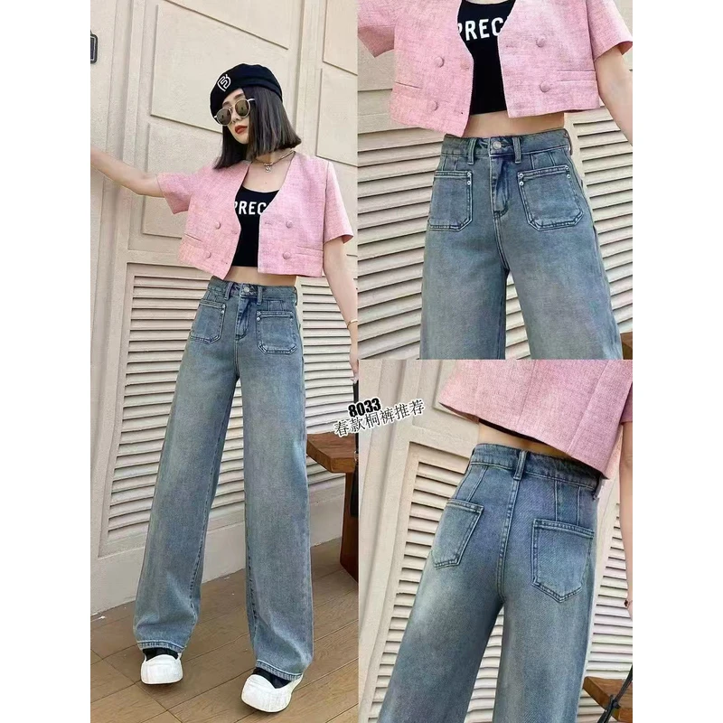 【锦衣服饰】8033百搭高腰两口袋浅蓝色窄版直筒裤