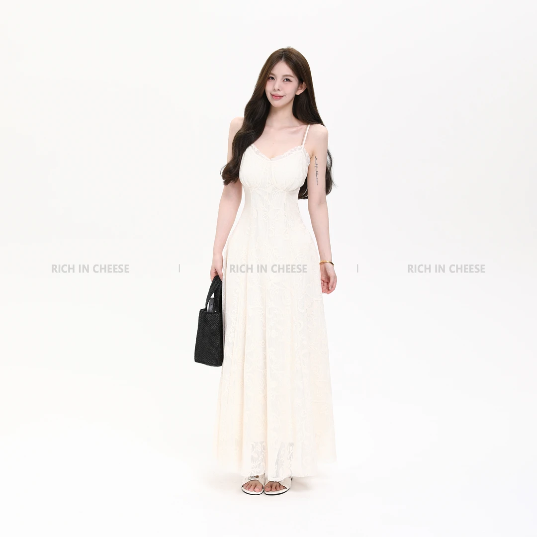 舒胡蕾 栀子花下 重工走秀全蕾丝钩花质感仙气吊带连衣裙