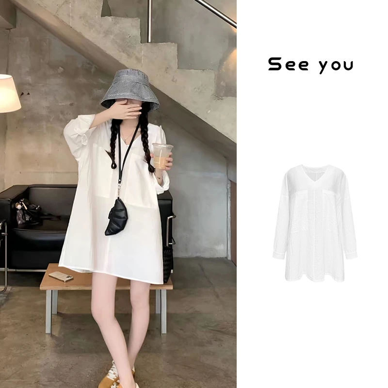 慵懒风极简V领白色ins连衣裙小众遮肉宽松休闲长袖衬衫裙z102