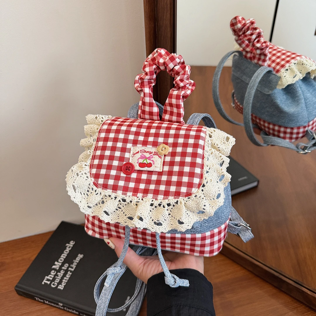 双肩包小众时尚双肩磁扣格子法式韩版蕾丝款小清新