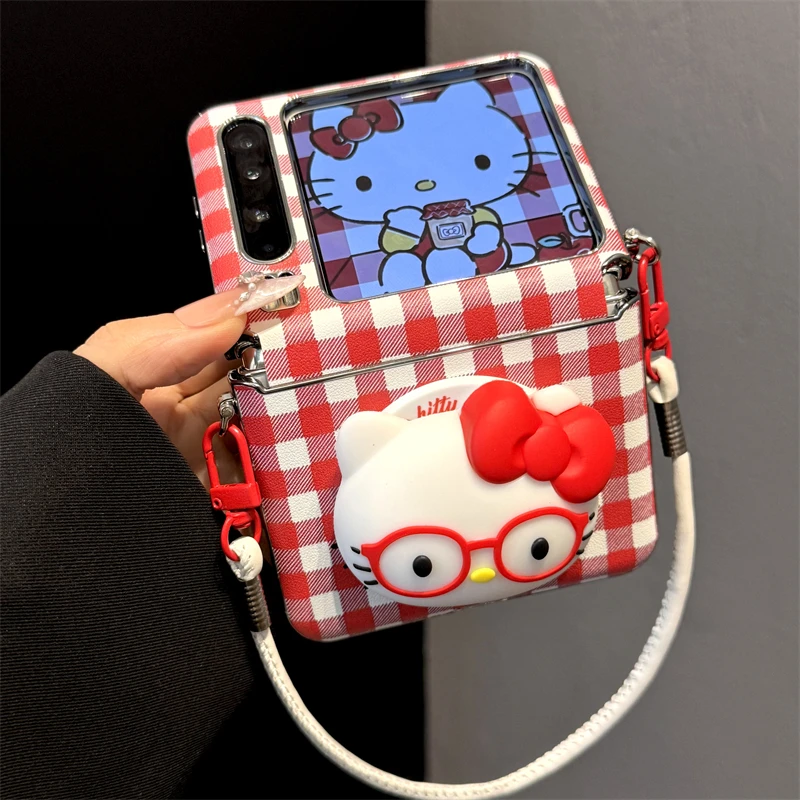 适用华为purax典藏版折叠屏手机壳pocket2红格纹皮质kt猫磁吸支架