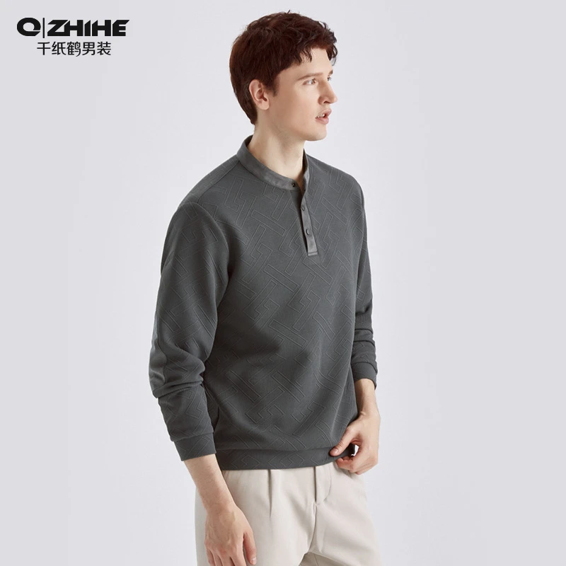 男士秋季长袖卫衣新中式亨利领套头立领卫衣