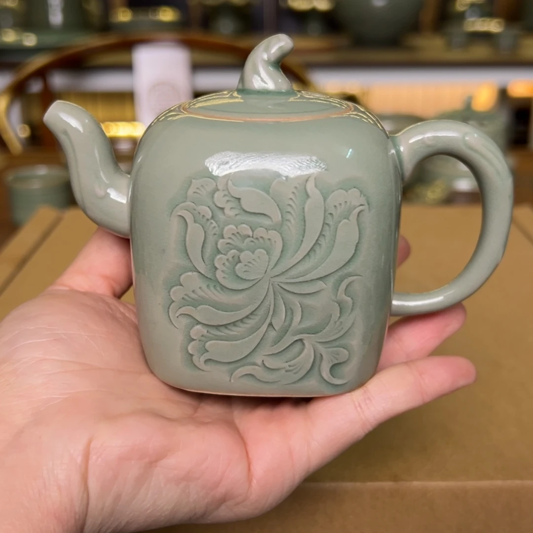 壶天青色牡丹方型茶壶特价