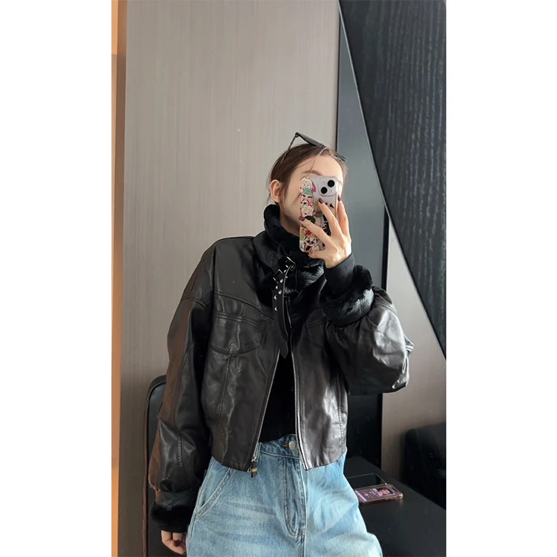 2025欧货冬季新款欧货拼接大毛领长袖短款皮衣外套内胆鹅绒服女