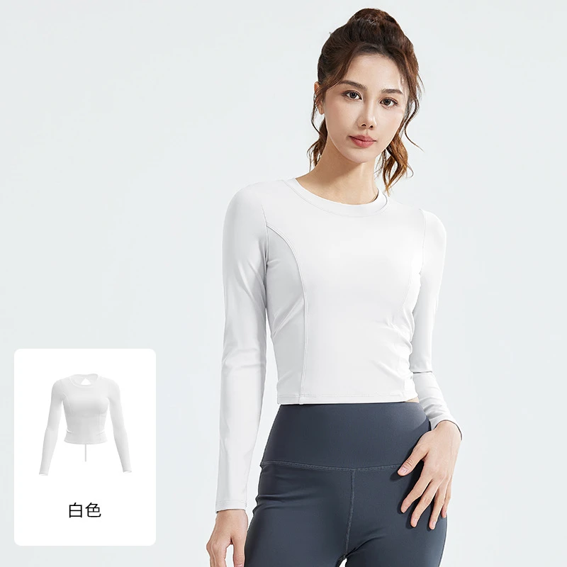 新款美背瑜伽服女褶皱修身健身上衣自带胸垫跑步运动长袖A