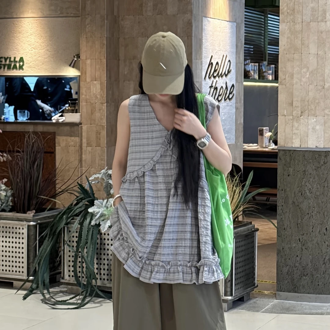 风铃纸鸢～韩系木耳边V领显瘦吊带背心夏季新款甜美无袖上衣