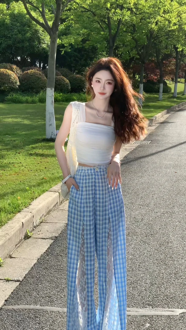 INS风极简风法式纯欲风时尚套装抹胸阔腿裤显瘦裤子薄款时尚高腰