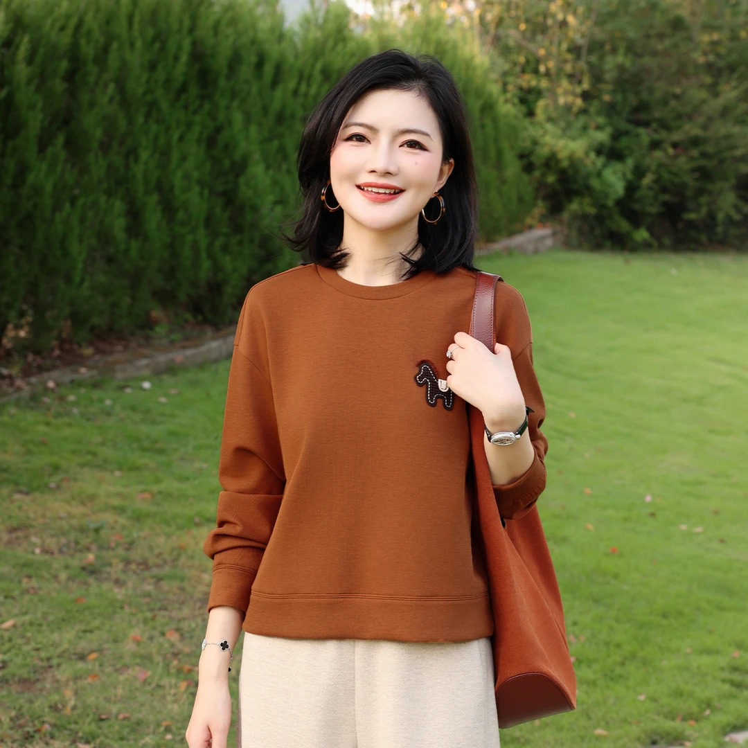 枫竺阿楠anan百搭圆领小马刺绣弹力落肩袖无帽卫衣女秋冬打底上衣