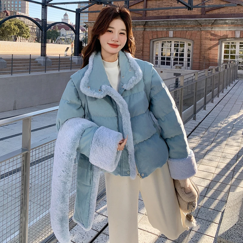 蓝色加厚短款羽绒服女冬季新款小个子可盐可甜保暖90白鸭绒外套