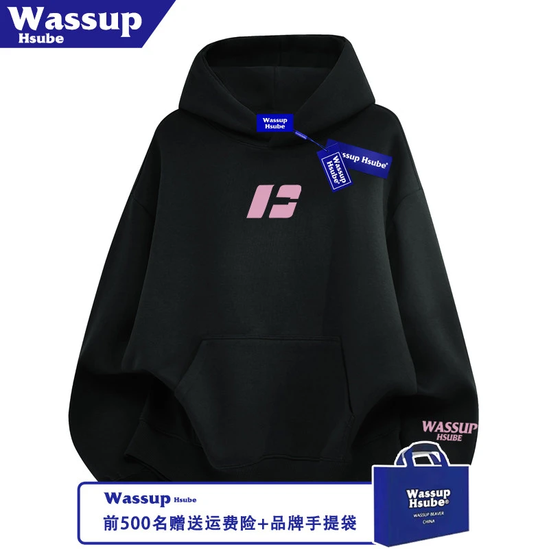 WASSUP HSUBE秋冬季慵懒风创意印花黑色潮流上衣男女连帽套头卫衣