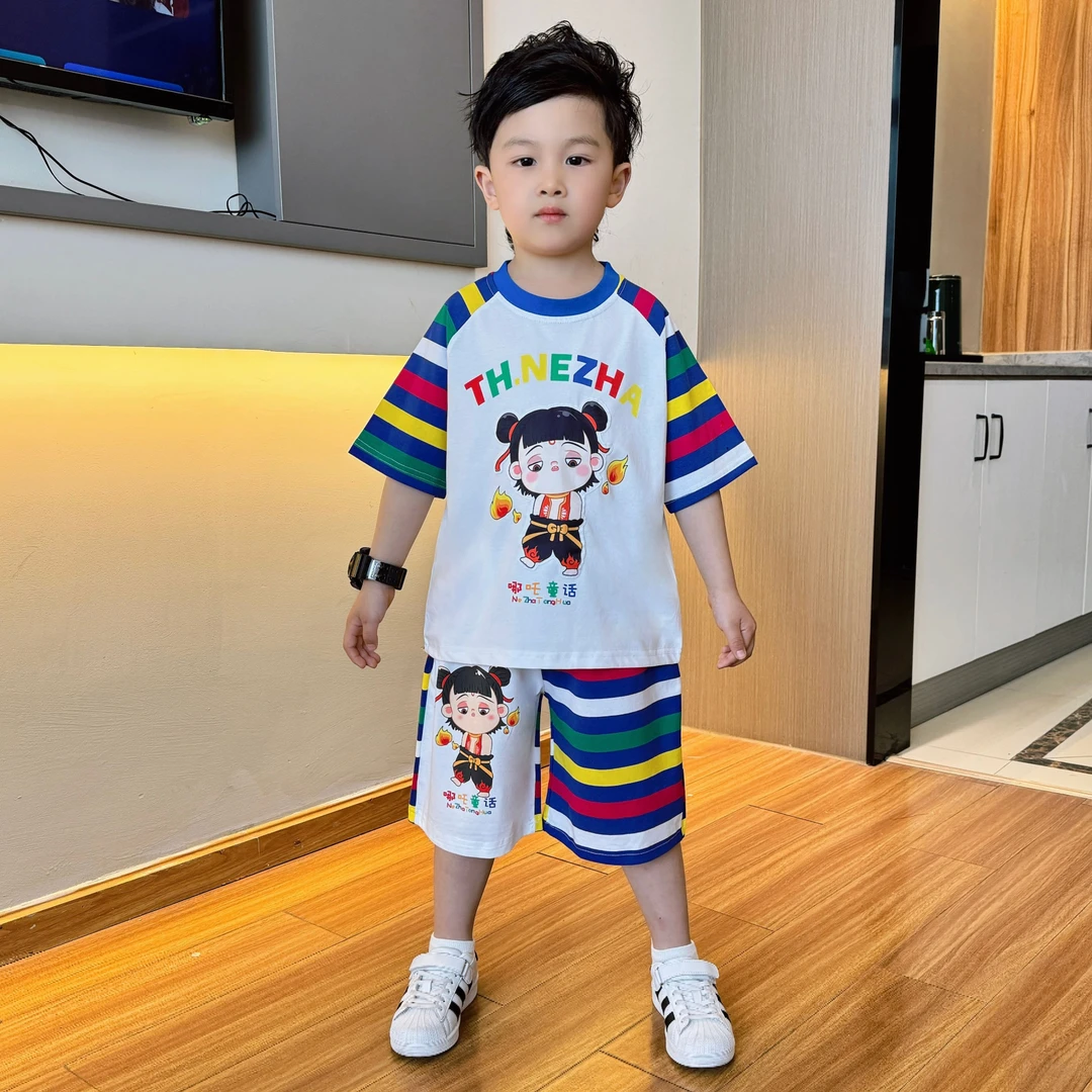 哪吒儿童服装夏装短袖套装男童夏天发光亮灯衣服男孩t恤短裤