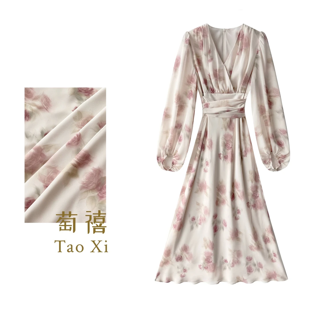 【萄禧】秋款法式时尚印花交叠领长袖气质优雅收腰连衣裙TX05QZ9020