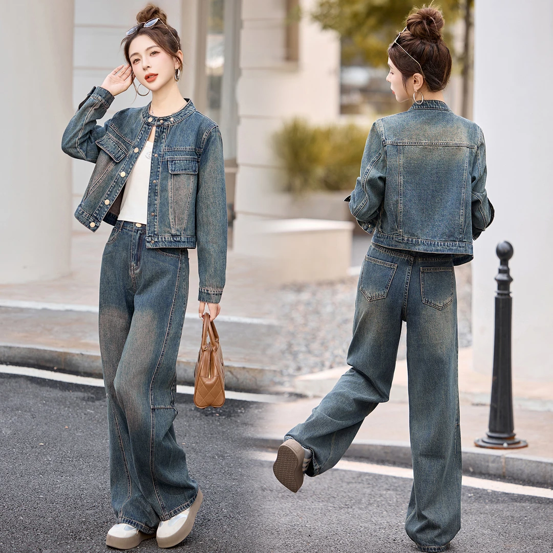 休闲时尚复古牛仔套装女2025年春秋新款洋气减龄工装阔腿裤两件套