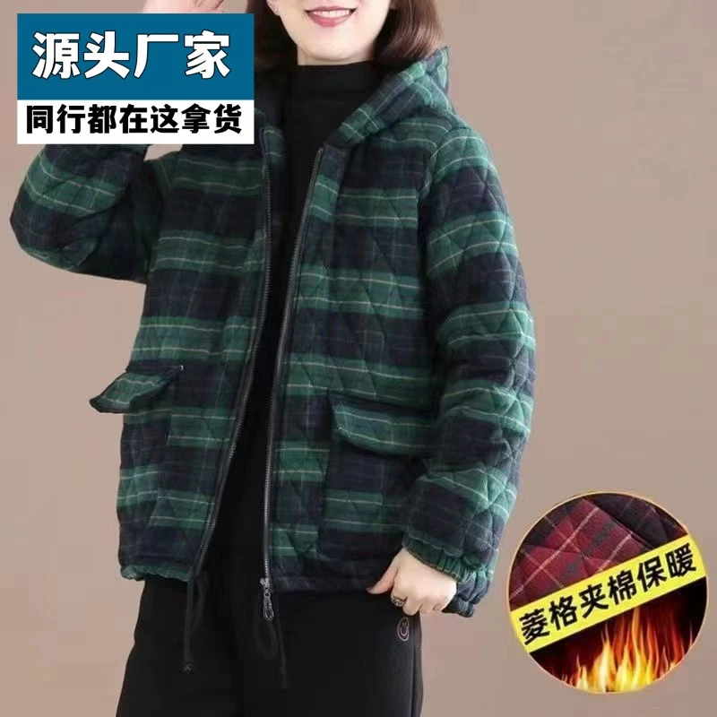 梵乐芬冬装格子棉衣韩版大码印花菱形格复古连帽女士休闲棉衣2025