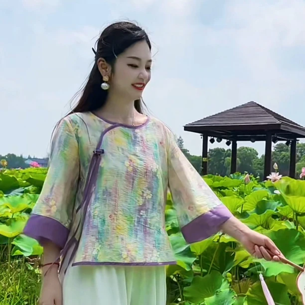 早秋新款小衫文艺复古女装民国风茶艺师茶服低领上衣7分袖宽松