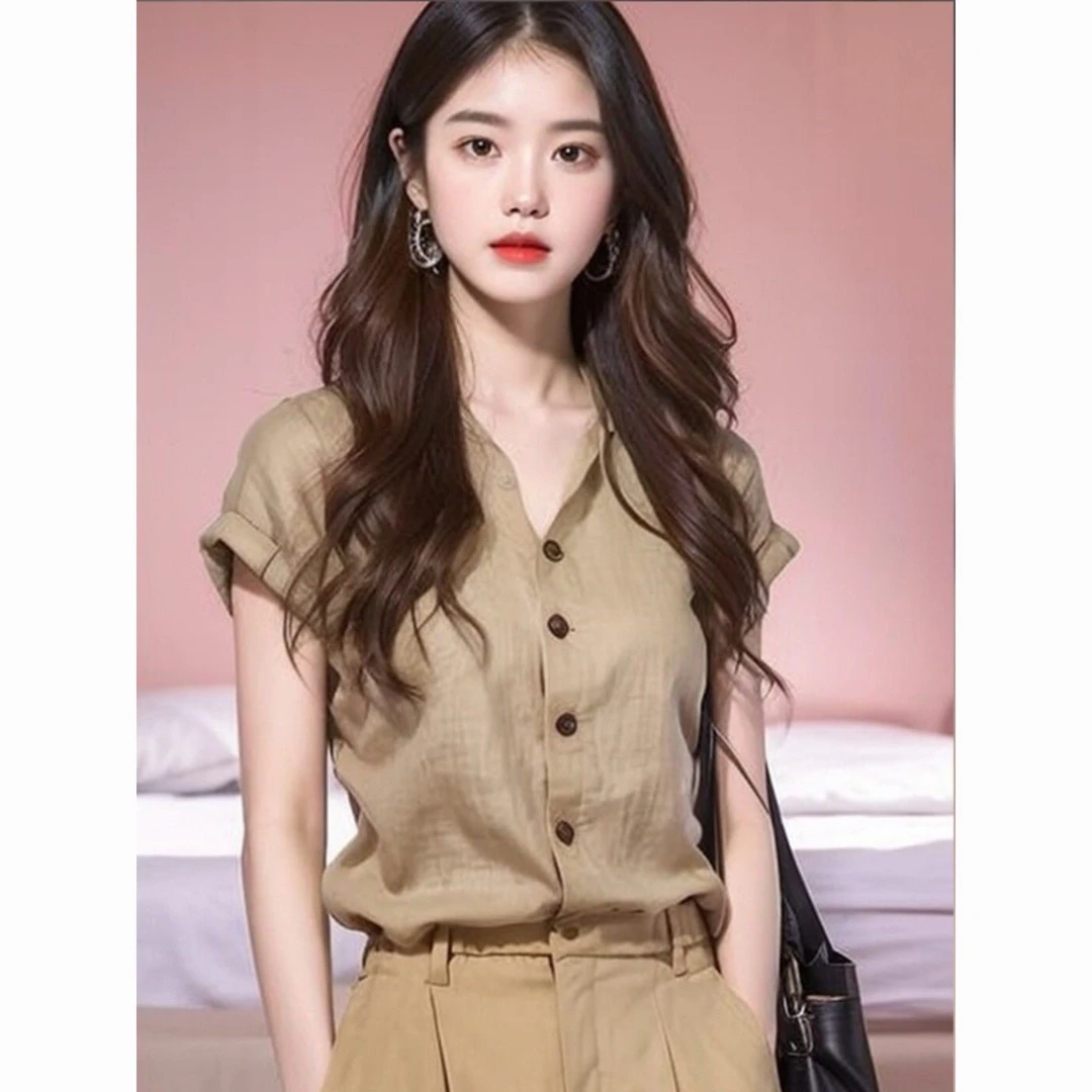 2025今年衬衫气质夏季时尚休闲女装新款时尚亚麻纯色百搭遮肉上衣