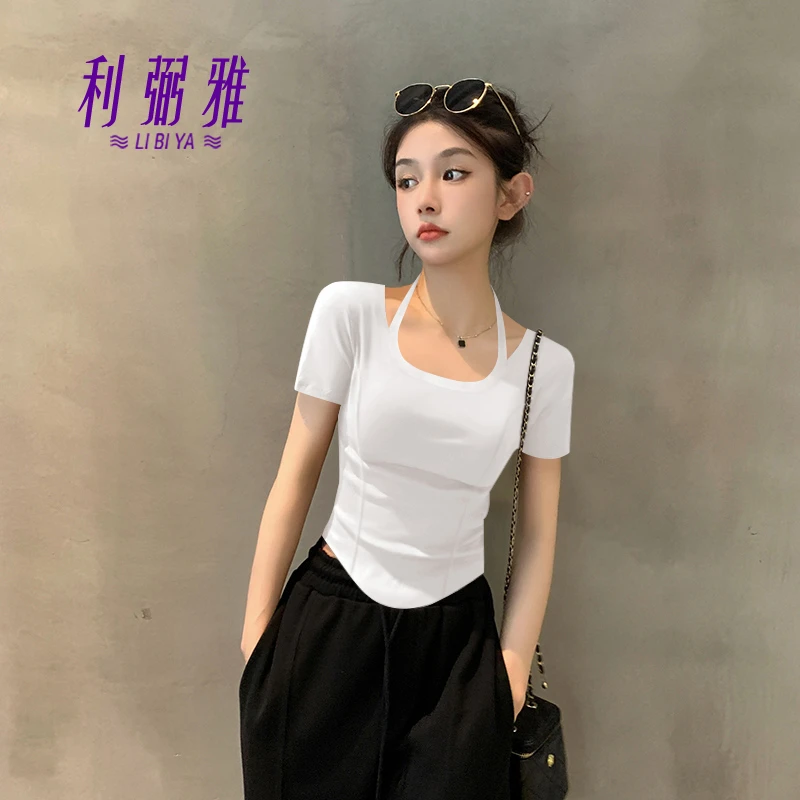 2025新款夏季白色短袖T恤女挂脖不规则针织螺纹正肩半袖短款上衣