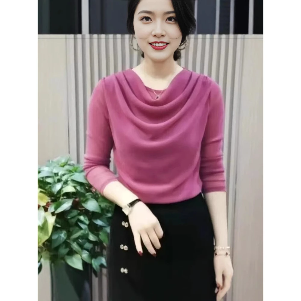 热卖款靓妈妈春季新款堆堆领T恤女长袖软纱上衣遮肚网纱打底衫