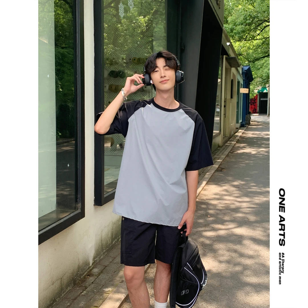 【ONEARTS短袖】撞色拼接插肩袖圆领百搭夏季宽松轻薄时尚小众t恤