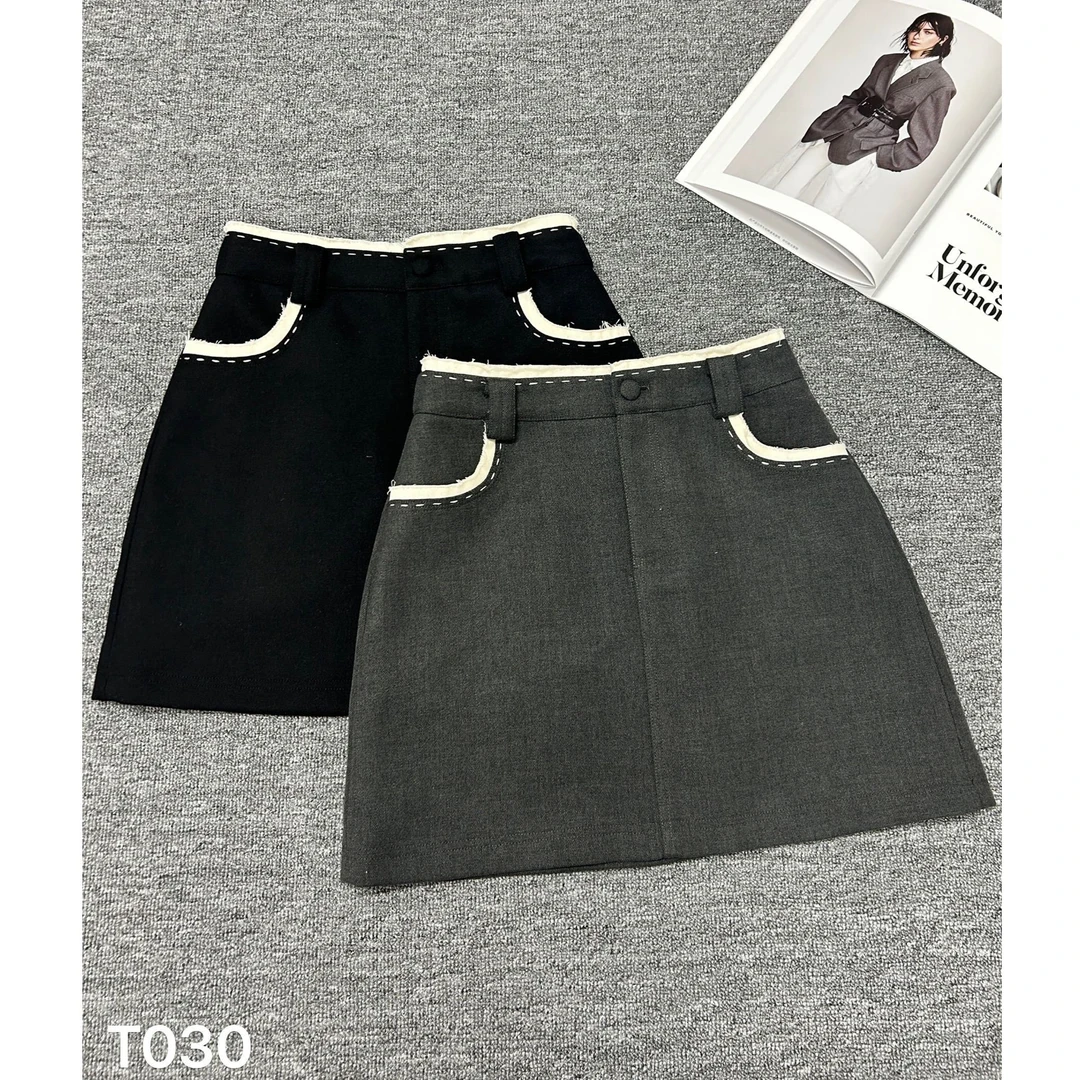 KiKi严选：T030-7家欧洲站南油秋季新款腰头口袋拼色A字短裙