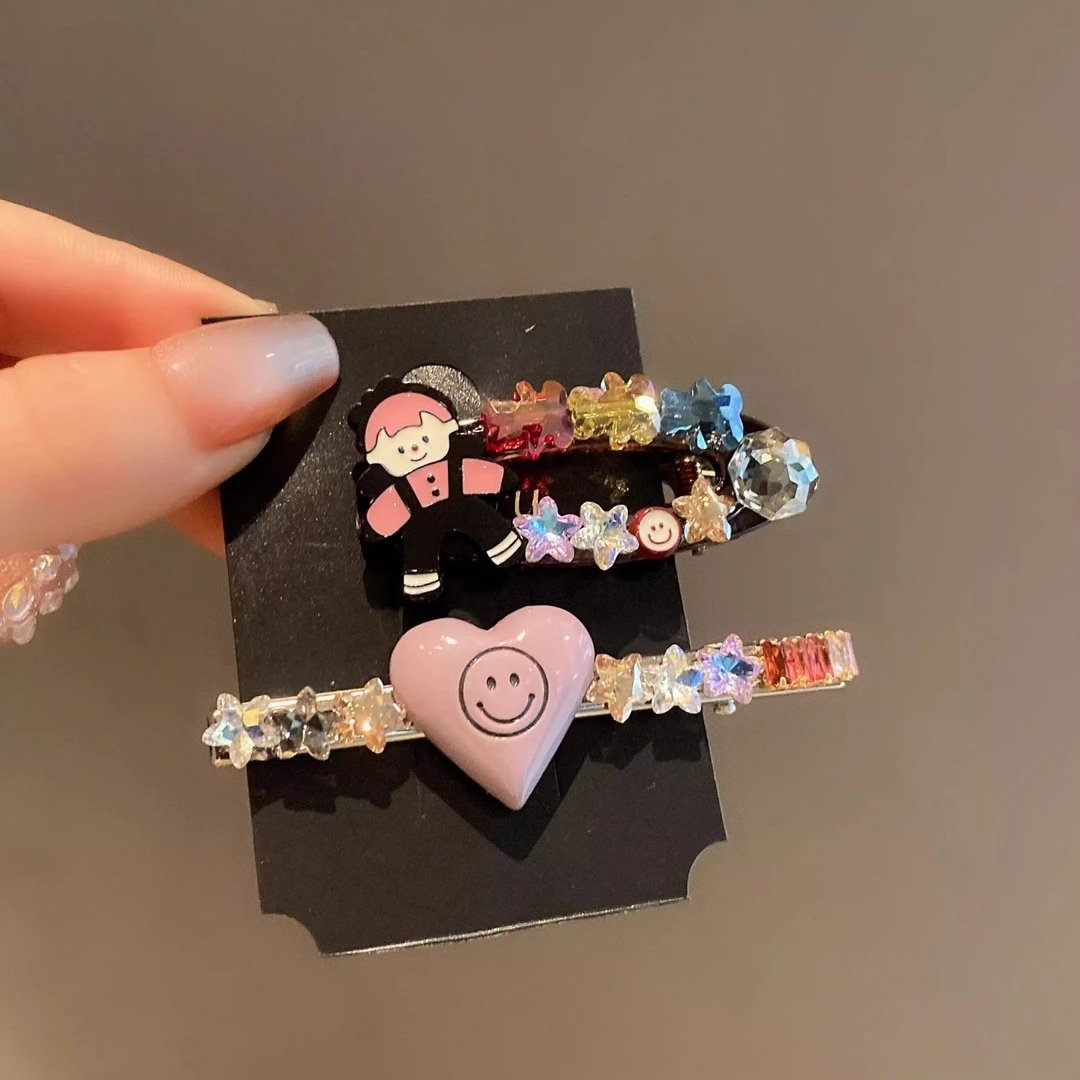 实拍!韩国东大门幻彩闪钻个性女孩边夹女高级感甜美爱心侧边发卡