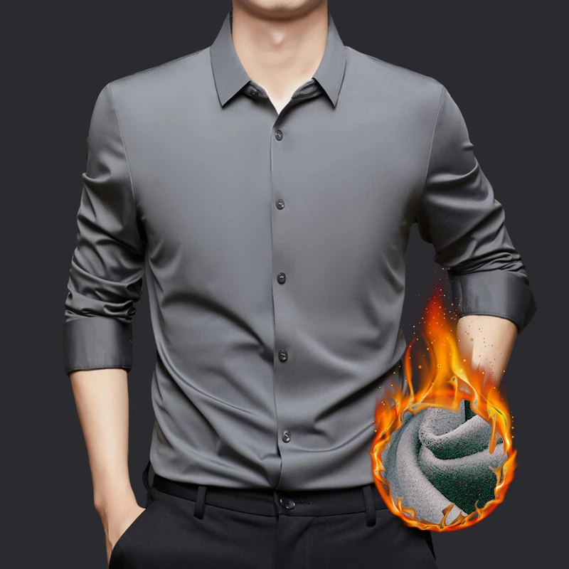 【工厂发货】加绒保暖男士纯色净版衬衫商务休闲高弹力修身男款衬衣