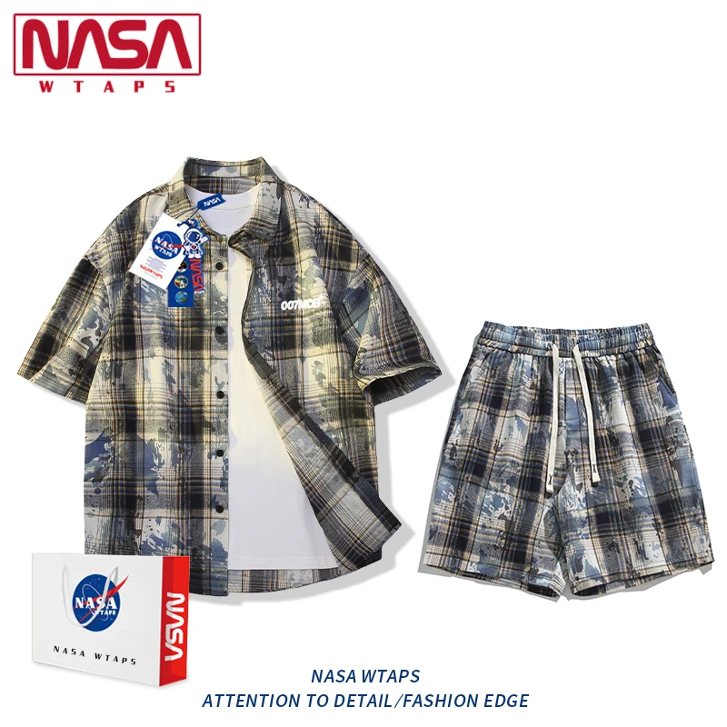 NASA WTAPS扎染格子短袖衬衫套装男夏季薄款设计感衬衫短裤两件套