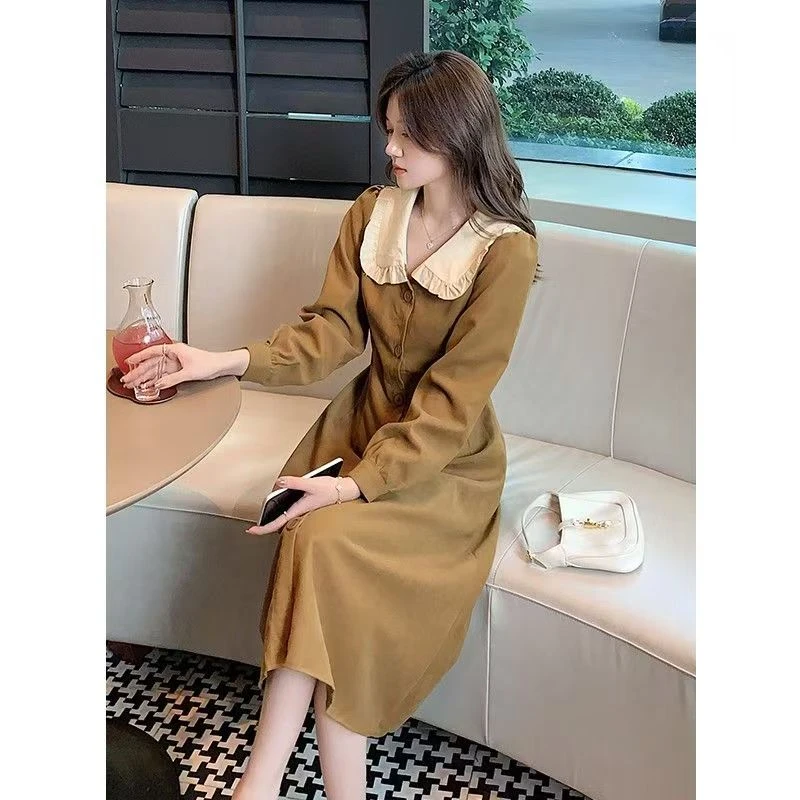 春秋季韩版洋气减龄娃娃领收腰修身长袖打底裙子连衣裙女 044