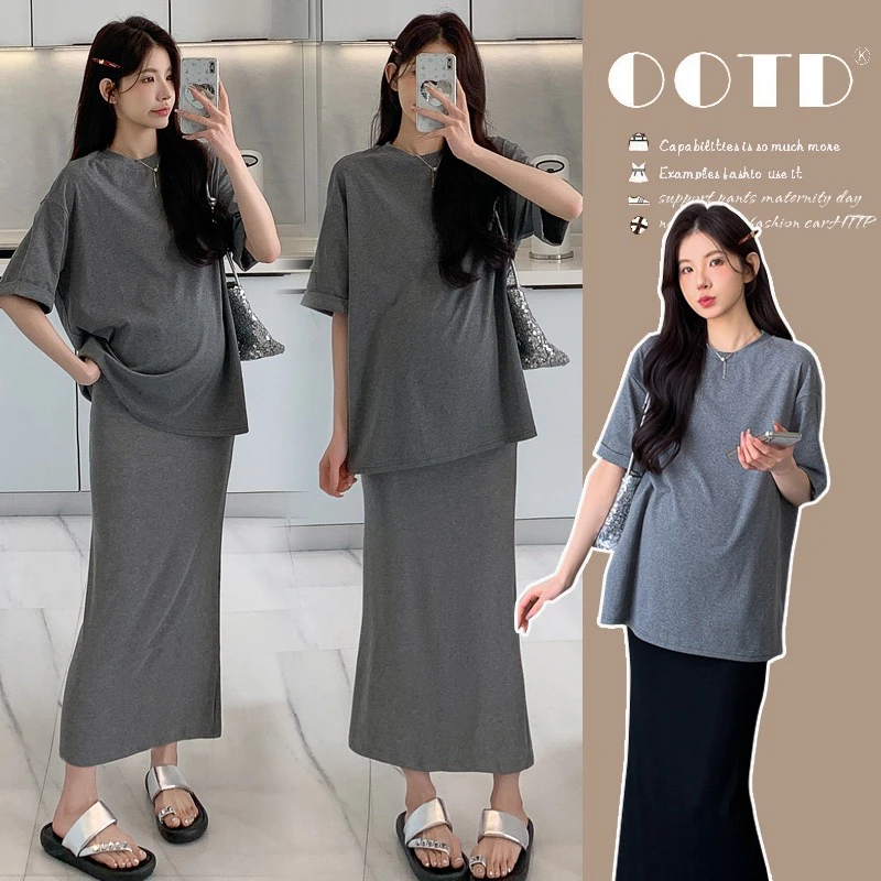 夏季孕妇显瘦连衣裙T恤上衣+可调节弹力亲肤半身裙两件套