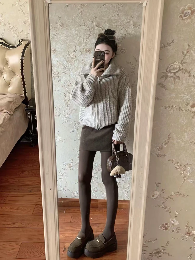 韩系慵懒风拉链翻领毛衣外套针织衫2025秋冬新款高腰半身裙两件套