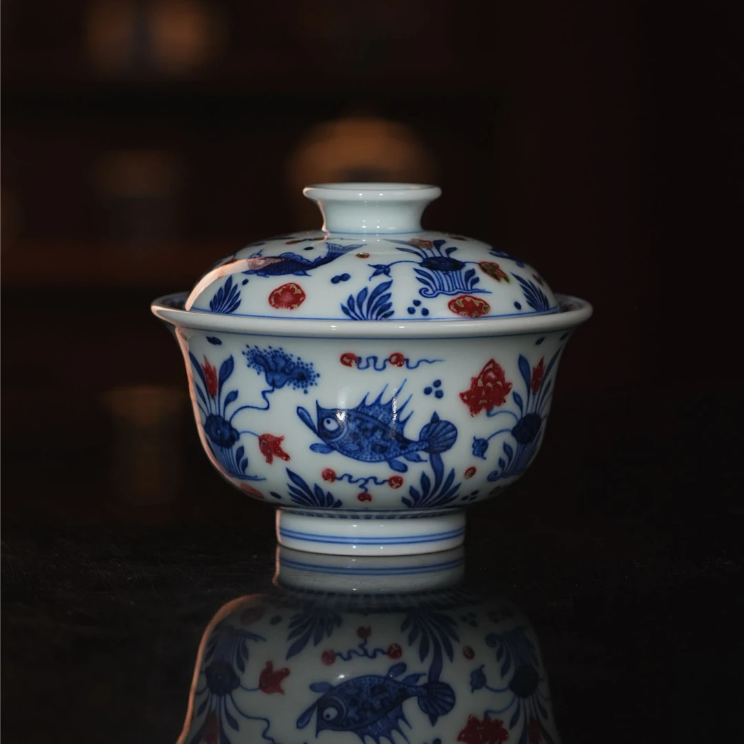 和然窑-青花原矿釉里红鱼藻纹景德镇全手工手绘高端茶具泡茶盖碗