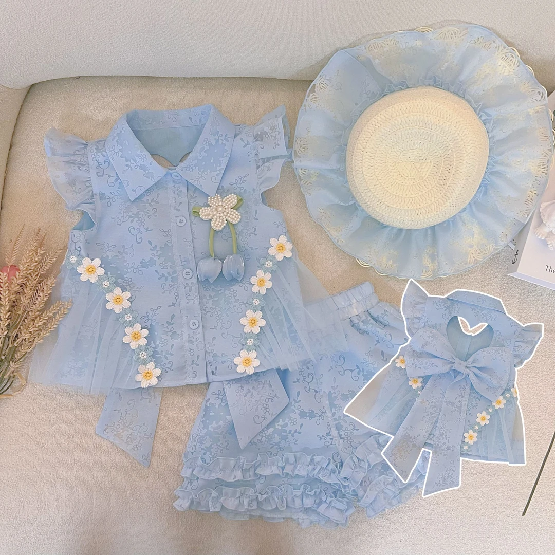 女宝宝夏季新款清凉冰感蓝色套装2025时尚儿童小飞袖短裤两件套潮