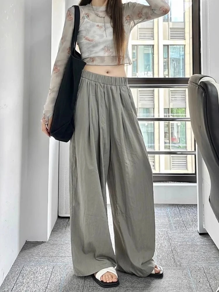 灰绿色日系山本裤春夏大码女装梨型身材高腰垂感慵懒阔腿休闲裤子