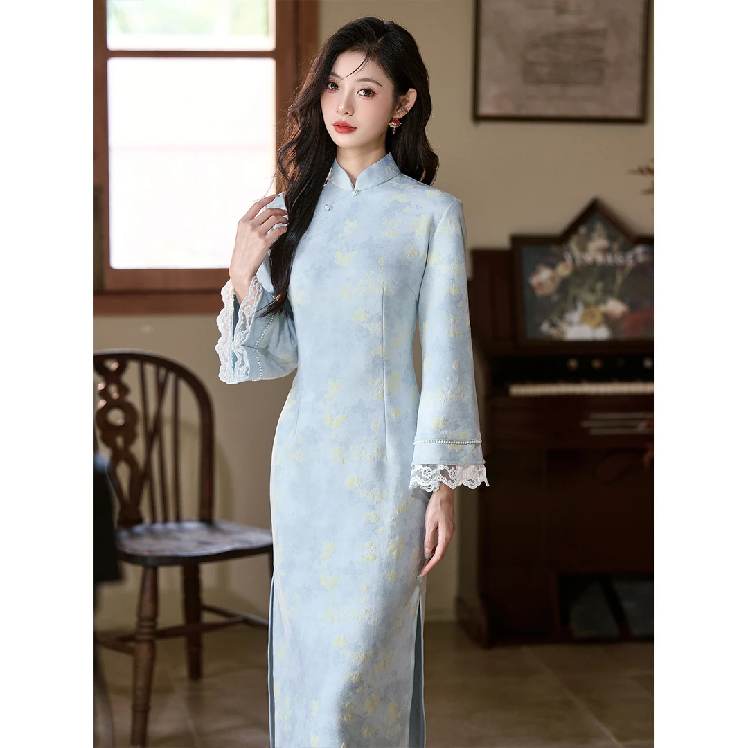 素雅小个子新中式蓝色旗袍早秋连衣裙长袖改良年轻款年轻版旗袍