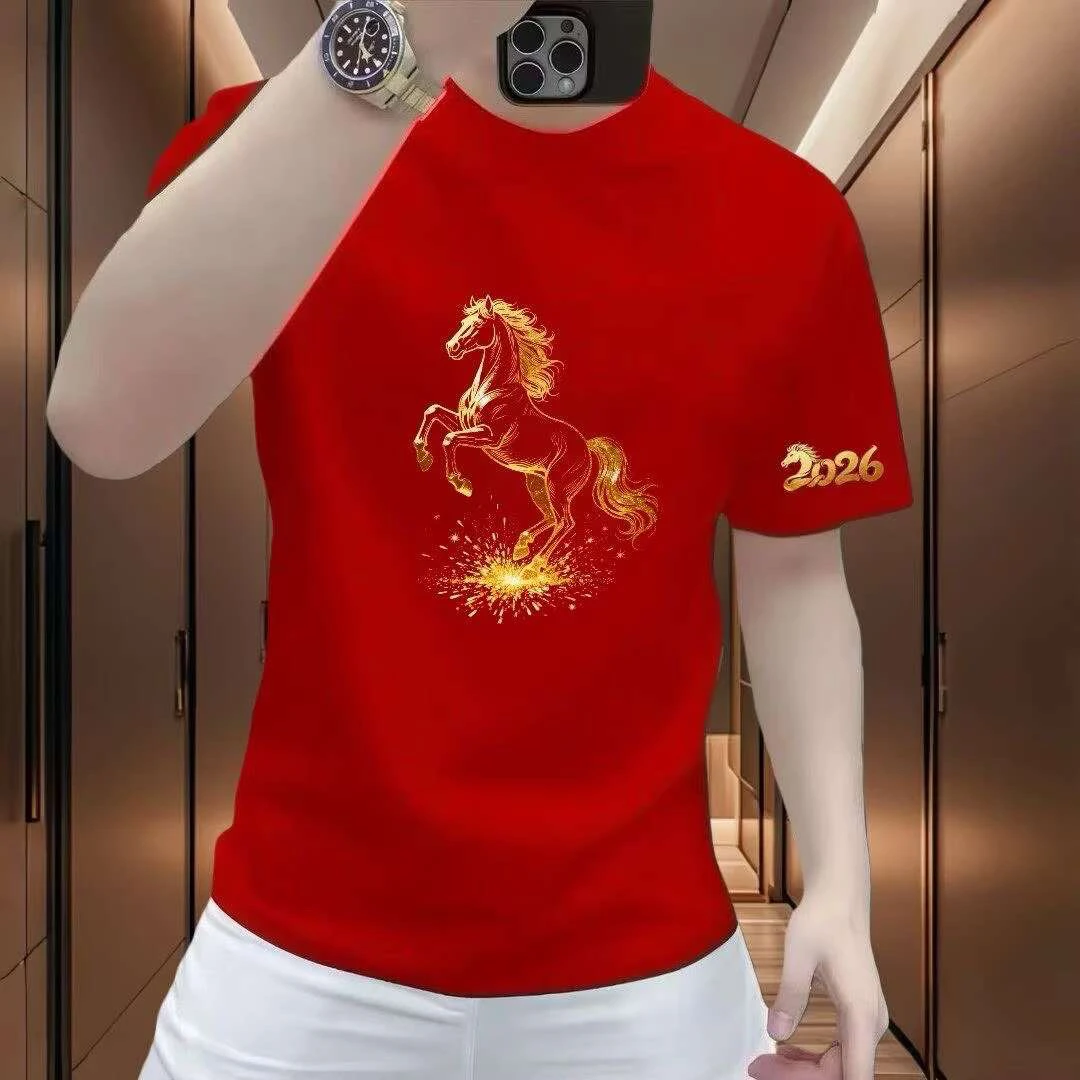 2026红色爆款骏马印花纯棉短袖T恤男士潮流百搭圆领上衣