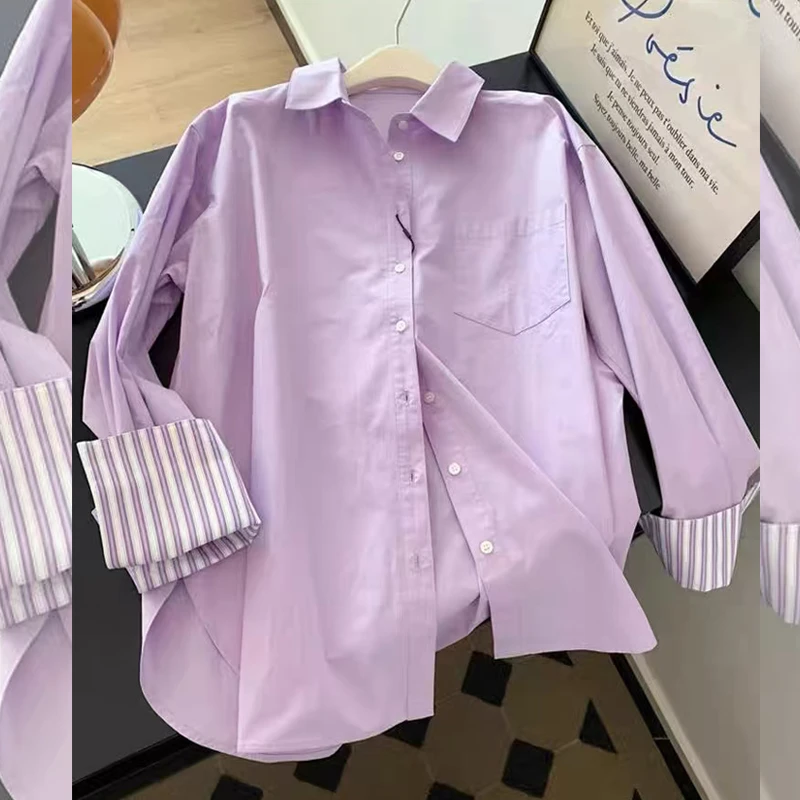 早春新款袖口条纹拼接衬衫上衣女装胖MM大码宽松简约叠穿衬衣潮流