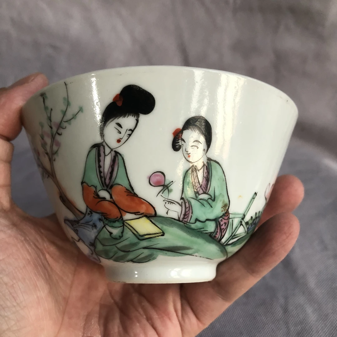 粉彩美人纹茶杯手工