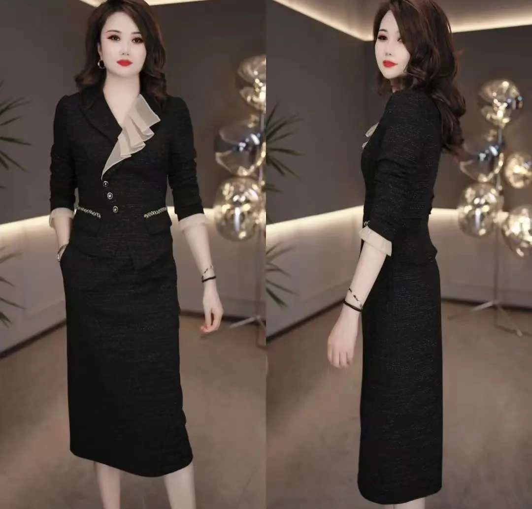 秋季时尚显瘦遮肉减龄优雅中长款百搭轻奢气质假两件洋气连衣裙