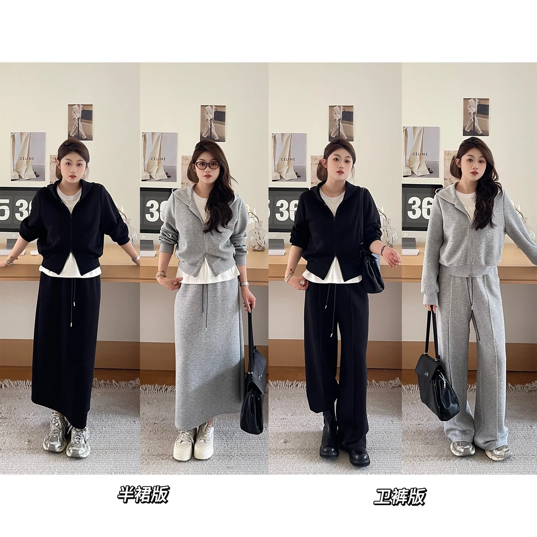 裂渡宣宣【去探索秋天】微胖大码女针织卫衣+半裙+卫裤套装ZY507V18