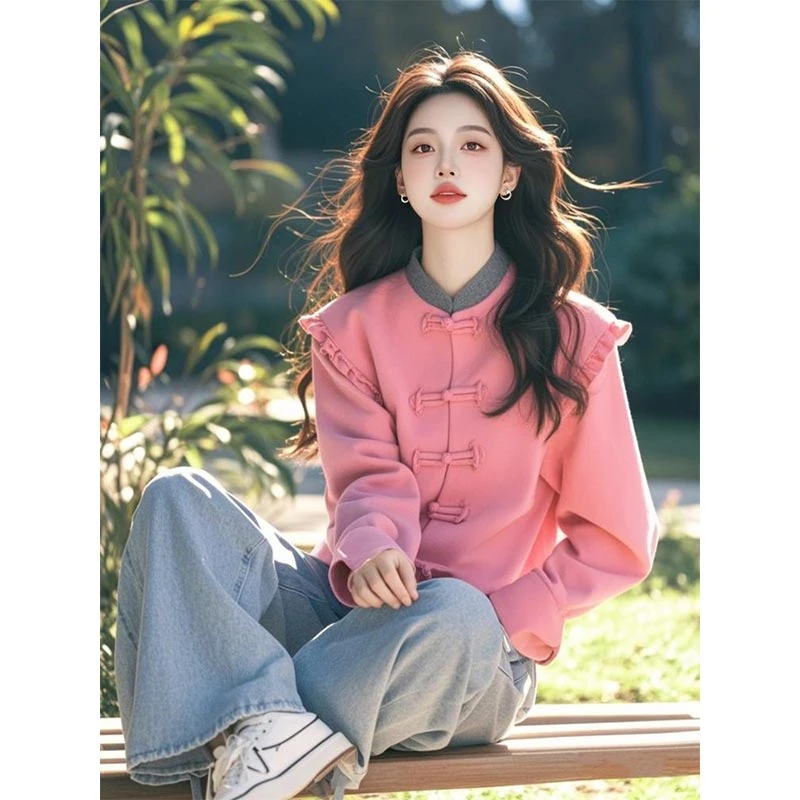 2025年新款小衫独特超好看洋气设计感粉色木耳边拼接新中式卫衣女