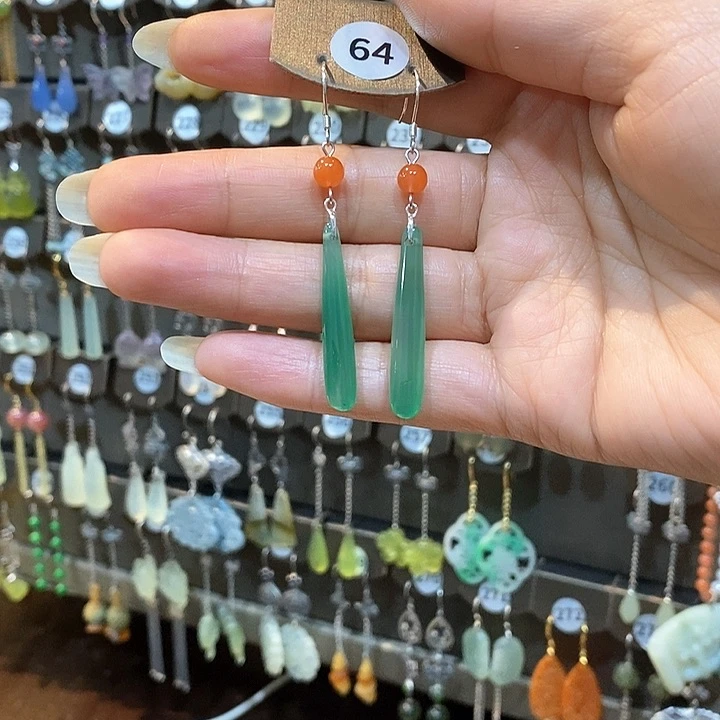 蛇纹石玉银S925镶嵌耳钉