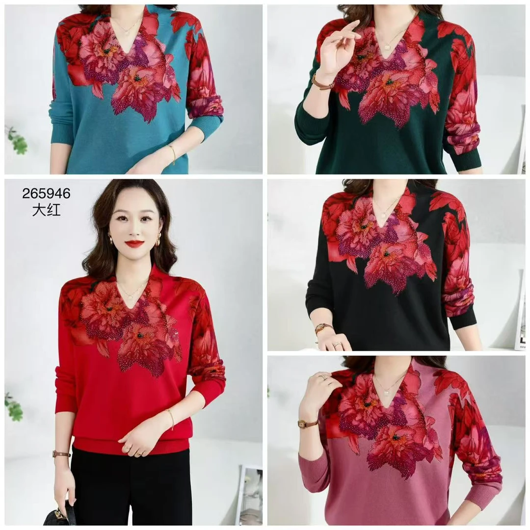 冬新款优雅女人V领牡丹花中老年洋气百搭针织毛衣