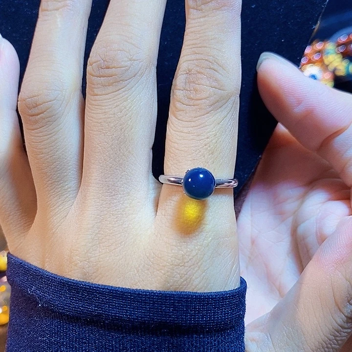 蓝珀银S925镶嵌珠宝奇石墨西哥蓝珀戒指
