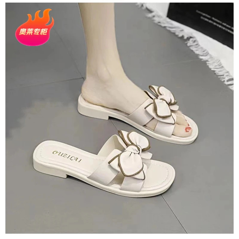 【奥莱专柜】温柔蝴蝶结拖鞋2025夏外穿女式平底拖鞋配裙百搭凉拖