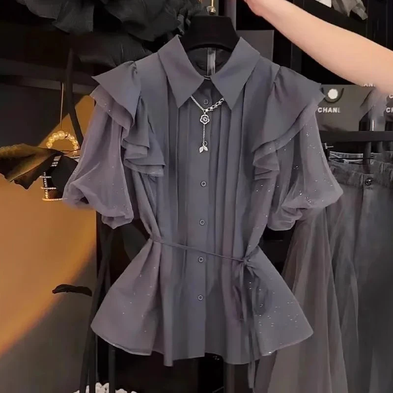 法式独特高级感小衫别致漂亮设计感小众纯色泡泡袖衬衫上衣女夏季