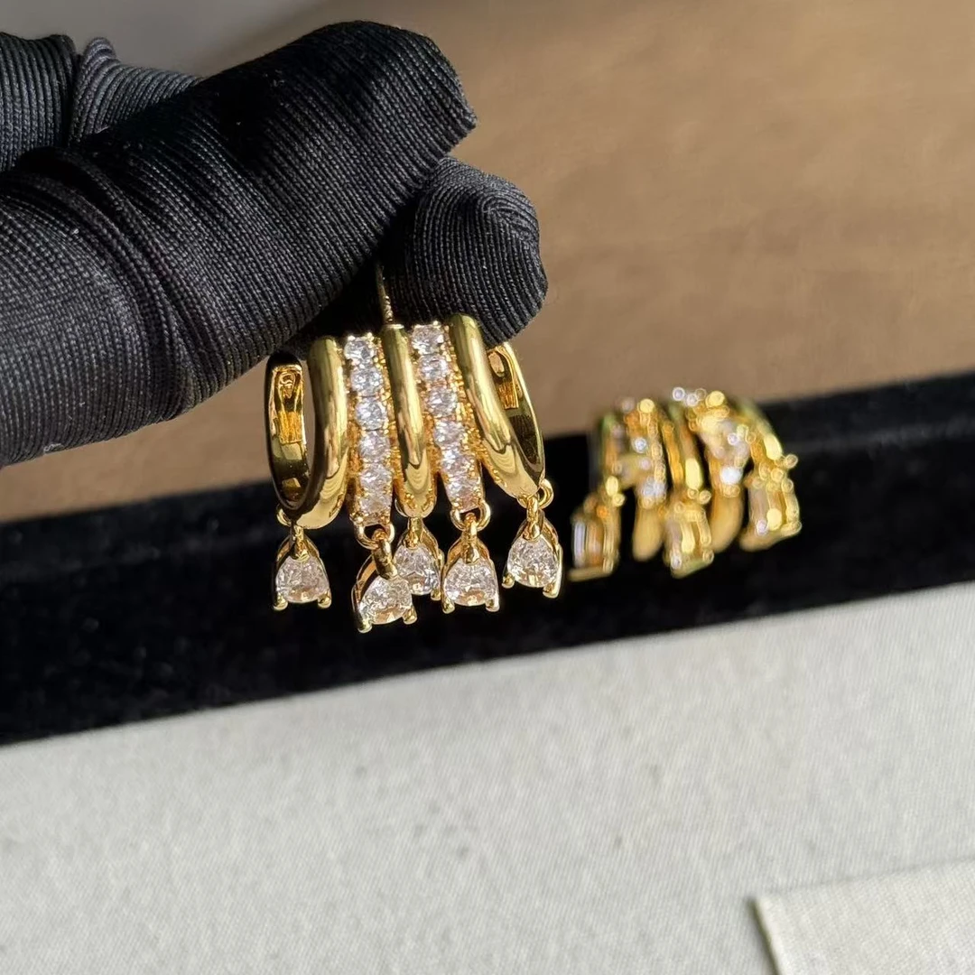 铜合金仿珍珠耳饰 欧美氛围感超闪精致多层水滴耳环小众时尚耳饰