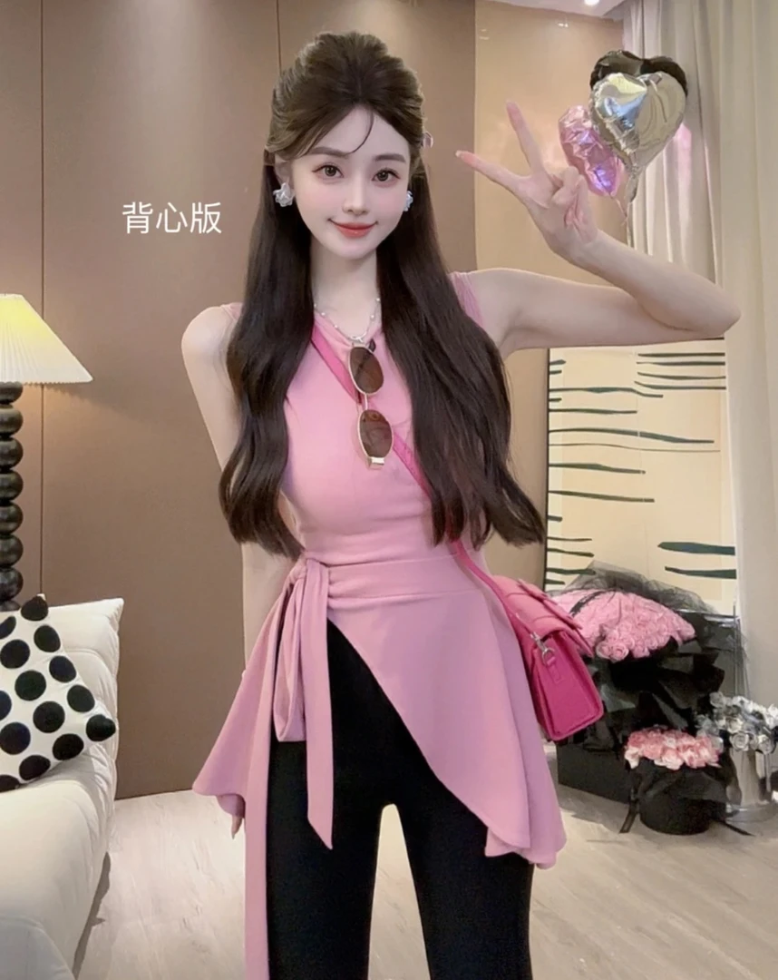 尤猫原创 新款显瘦收腰小众设计感无袖背心+显瘦短袖女