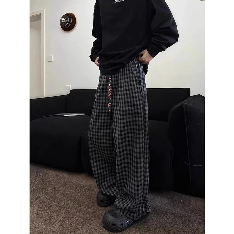 黑灰格子裤子男款夏季薄款慵懒风千鸟格阔腿直筒裤美式复古休闲裤